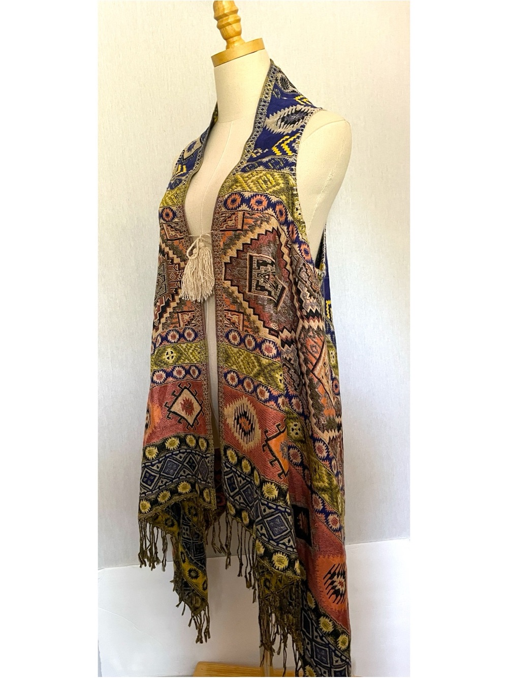 Handmade Bohemian Multicolor Fringe Vest Cover in Navy Rust & Olive
